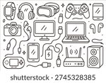 Hand-drawn line art collection of modern electronic gadgets and accessories – smartphone, laptop, headphones, gaming controller, VR headset and smart devices doodle illustration