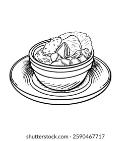 Hand-drawn line art depiction of Buddha Jumps Over the Wall soup in a bowl on a saucer. This black and white drawing of the elaborate Chinese soup is perfect for culinary design, menus.