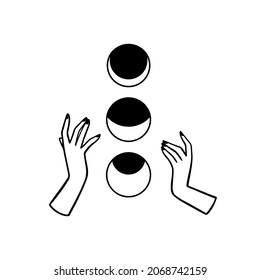 Hand-drawn line art of female hands with moon phases. Minimalist vector illustration in black outline style. Celestial logo for print, social media, postcard, or web banner. Astrology, magic.