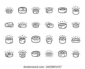 Hand-Drawn Line Art Icons of Glowing Sushi Rolls and Nigiri Pieces on White Background – Ideal for Japanese Cuisine, Restaurant Branding, and Minimalist Food Design