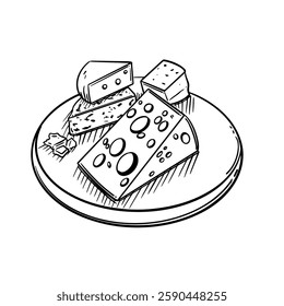 Hand-drawn line art illustration of assorted cheese slices on a wooden board. Black and white vector drawing of various cheese types for culinary design, menu, or food-related projects.