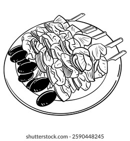 Hand-drawn line art illustration of BBQ skewers on a plate with dipping sauce. Black and white vector drawing of grilled meat on sticks for culinary design, menu, or food-related projects.