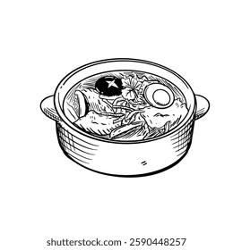 Hand-drawn line art illustration of Braised Fish Maw in a ceramic pot. Black and white vector drawing of the Chinese delicacy for culinary design, menu, or food-related projects.