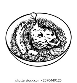 Hand-drawn line art illustration of Cassoulet in a bowl, featuring beans, sausage, and meat. Black and white vector drawing of the traditional French stew for culinary design, menu