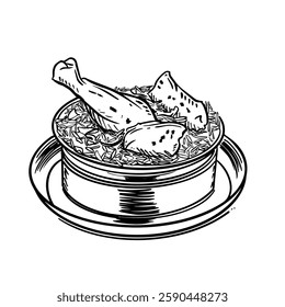 Hand-drawn line art illustration of Chicken Biryani in a metal pot on a plate. Black and white vector drawing of the Indian rice dish with chicken for culinary design, menu, or food-related projects.