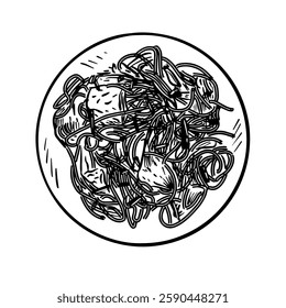 Hand-drawn line art illustration of Chow Mein noodles in a bowl, top-down view. Black and white vector drawing of the Chinese stir-fried noodles for culinary design, menu, or food-related projects.