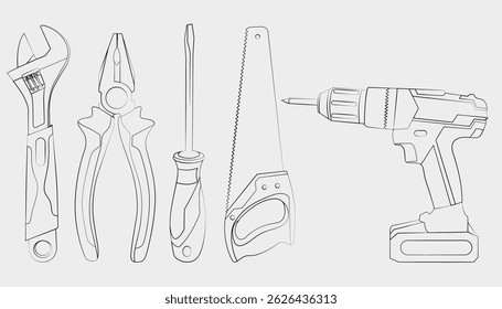 Hand-drawn line art illustration of construction and repair tools including wrench, pliers, screwdriver, handsaw, cordless drill, infographics, and DIY concept visuals.