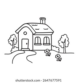 A hand-drawn line art illustration of a cute wooden cottage with garden elements, ideal for coloring books and printable activities.