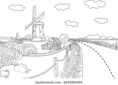 Hand-drawn line art illustration depicting a picturesque European countryside scene with a windmill, farm house, road, and nature elements.