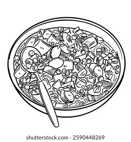 Hand-drawn line art illustration of Eintopf in a bowl with a spoon, top-down view. Black and white vector drawing of the German stew for culinary design, menu, or food-related projects.