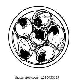 Hand-drawn line art illustration of Escargots de Bourgogne (snails with garlic butter) on a plate, top-down view. Black and white vector drawing of the French delicacy for culinary design, menu