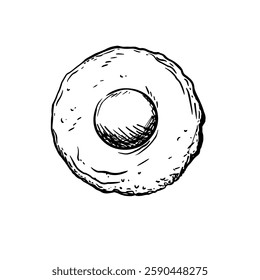 Hand-drawn line art illustration of a fried egg, top-down view. Black and white vector drawing of a breakfast staple for culinary design, menu, or food-related projects.