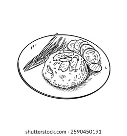 Hand-drawn line art illustration of Fried Rice on a plate with sliced vegetables and herbs. Black and white vector drawing of the Asian rice dish for culinary design, menu