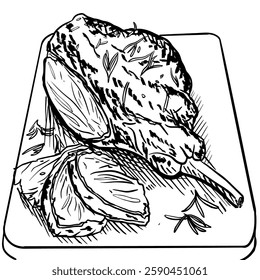 Hand-drawn line art illustration of Gigot d'Agneau (leg of lamb) on a cutting board, garnished with herbs. Black and white vector drawing of the French roasted lamb for culinary design, menu,