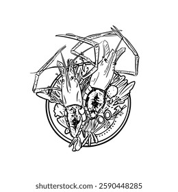 Hand-drawn line art illustration of grilled shrimp on a plate with herbs and garnish, top-down view. Black and white vector drawing of seafood for culinary design, menu, or food-related projects.