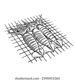 Hand-drawn line art illustration of grilled squid on a grill grate. Black and white vector drawing of seafood for culinary design, menu,