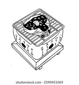 Hand-drawn line art illustration of Grilled Kani Miso (crab miso) on a small grill, isometric view. Black and white vector drawing of Japanese seafood appetizer for culinary design, menu,