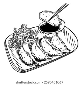 Hand-drawn line art illustration of Gyoza dumplings on a plate with dipping sauce and shredded cabbage. Black and white vector drawing of Japanese dumplings for culinary design, menu,