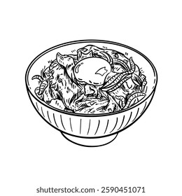 Hand-drawn line art illustration of Gyudon (beef bowl) in a bowl with a soft-boiled egg. Black and white vector drawing of Japanese beef and rice dish for culinary design, menu,