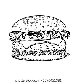 Hand-drawn line art illustration of a hamburger with lettuce, cheese, and sesame seeds on the bun. Black and white vector drawing of a classic fast food item for culinary design, menu