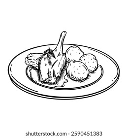 Hand-drawn line art illustration of Hasenpfeffer (marinated rabbit stew) on a plate with dumplings. Black and white vector drawing of the traditional German dish for culinary design, menu