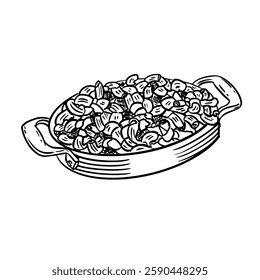 Hand-drawn line art illustration of Mac and Cheese in a baking dish. Black and white vector drawing of the classic comfort food for culinary design, menu, or food-related projects.