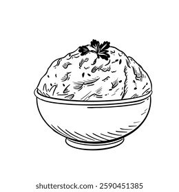 Hand-drawn line art illustration of Mashed Potatoes in a bowl, garnished with a parsley sprig. Black and white vector drawing of a classic side dish for culinary design, menu