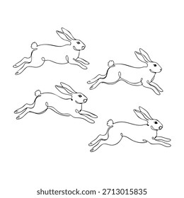 Hand-drawn line art illustration of multiple running rabbits — playful Easter bunny group vector perfect for spring designs, children’s graphics, and seasonal artwork