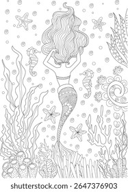 Hand-Drawn Line Art Illustration of a Mystical Mermaid with Flowing Hair Among Seahorses, Starfish, and Coral for Relaxing Adult and Kids Coloring Books and Anti-Stress Activities.