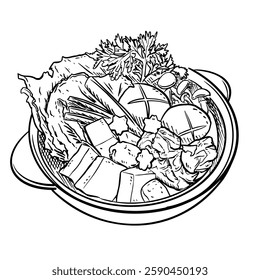 Hand-drawn line art illustration of Nabe (Japanese hot pot) in a pot with various ingredients and garnish. Black and white vector drawing of the Japanese stew for culinary design, menu