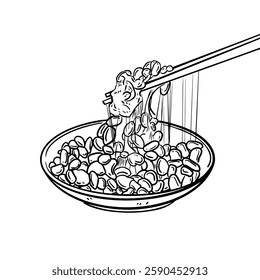 Hand-drawn line art illustration of Natto (fermented soybeans) in a bowl, being lifted with chopsticks. Black and white vector drawing of the traditional Japanese food for culinary design, menu