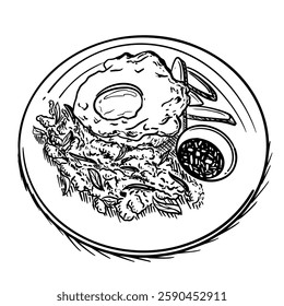 Hand-drawn line art illustration of Pad Gaprao (Thai basil stir-fry) with a fried egg and dipping sauce on a plate, top-down view. Black and white vector drawing of the Thai dish for culinary design,