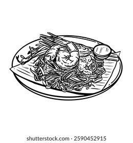 Hand-drawn line art illustration of Pad Thai with shrimp, noodles, and garnish on a plate. Black and white vector drawing of the Thai stir-fried noodle dish for culinary design, menu, 