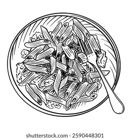 Hand-drawn line art illustration of Penne Pasta with sauce and a fork on a plate, top-down view. Black and white vector drawing of Italian pasta for culinary design, menu, or food-related projects.