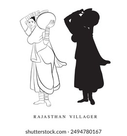 Hand-drawn line art, An illustration of Rajasthan woman, Indian Villager vector drawing