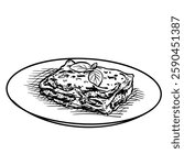 Hand-drawn line art illustration of a slice of Lasagna on a plate, garnished with a basil leaf. Black and white vector drawing of the Italian pasta dish for culinary design, menu