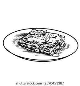 Hand-drawn line art illustration of a slice of Lasagna on a plate, garnished with a basil leaf. Black and white vector drawing of the Italian pasta dish for culinary design, menu