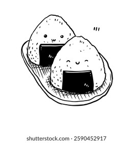 Hand-drawn line art illustration of two Onigiri rice balls with nori seaweed on a small plate, with cute faces. Black and white vector drawing of Japanese rice snacks for culinary design, menu.