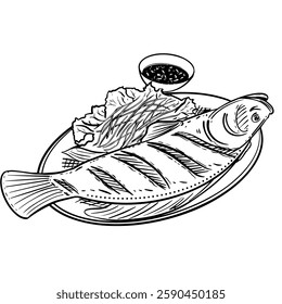 Hand-drawn line art illustration of a whole fried fish on a plate with lettuce and a dipping sauce. Black and white vector drawing of a seafood dish for culinary design, menu,