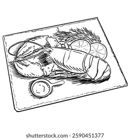 Hand-drawn line art illustration of a whole lobster on a platter with lemon slices, herbs, and a dipping sauce. Black and white vector drawing of seafood for culinary design, menu