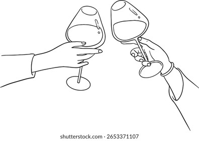 ilustrações de arte desenhadas à mão representando mãos segurando e brindando vários copos de vinho. Essas imagens evocam temas de celebração, jantar refinado, amizade e ocasiões especiais.
