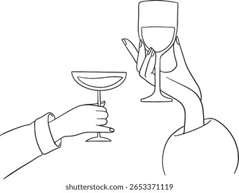 ilustrações de arte desenhadas à mão representando mãos segurando e brindando vários copos de vinho. Essas imagens evocam temas de celebração, jantar refinado, amizade e ocasiões especiais.