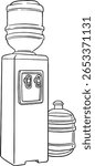 hand-drawn line art illustrations featuring water coolers with large water bottles. These clear and simple outlines are ideal for designs related to hydration, office environments, healthy living.