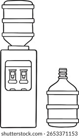 ilustrações artísticas desenhadas à mão com refrigeradores de água com grandes garrafas de água. Esses contornos claros e simples são ideais para projetos relacionados à hidratação, ambientes de escritório, vida saudável.