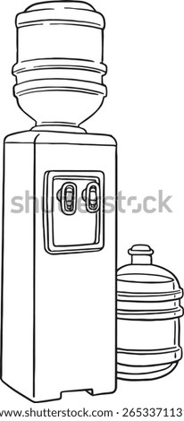 hand-drawn line art illustrations featuring water coolers with large water bottles. These clear and simple outlines are ideal for designs related to hydration, office environments, healthy living.