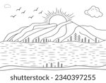 hand-drawn line art landscape mountain view, with sun and clouds, under the river, wild beach sunset and sunrise outline waves Nature view, lake line drawing island hills, Kids drawing coloring page
