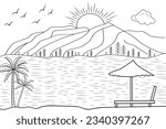 hand-drawn line art landscape mountain view, with sun and clouds, under the river, wild beach sunset and sunrise outline waves Nature view, lake line drawing island hills, Kids drawing coloring page
