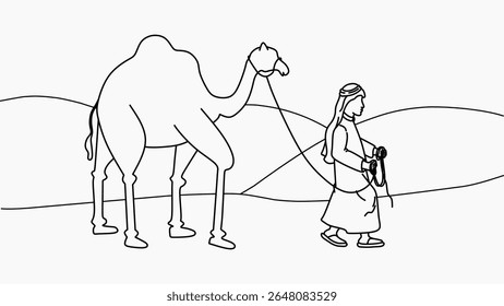 Hand-Drawn Line Art of a Man Leading a Camel in the Desert