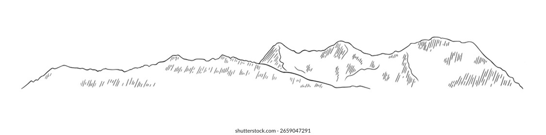 Arte de línea dibujado a mano de una cordillera con detalles de contorno simples. Silueta de paisaje de los Alpes suizos con sombreado de boceto.