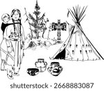 Hand-drawn line art of a Native American woman with child, tipi tent, and household objects. Cultural and traditional tribal life illustration.
